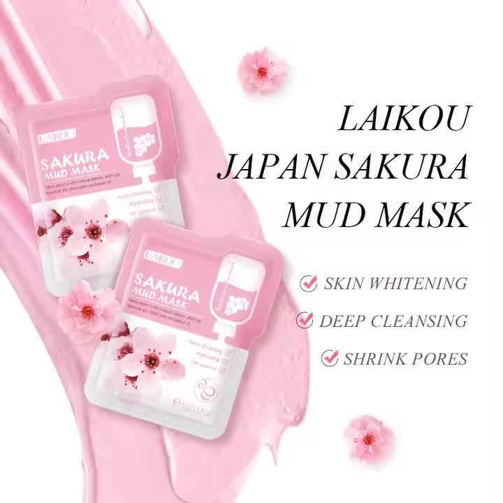 LAIKOU 5*12pcs Sakura Mud Cream Mudmask Skincare Dark Spot Corrector Brighten Clay Facialmask Cleansing Skin Care Product 60g