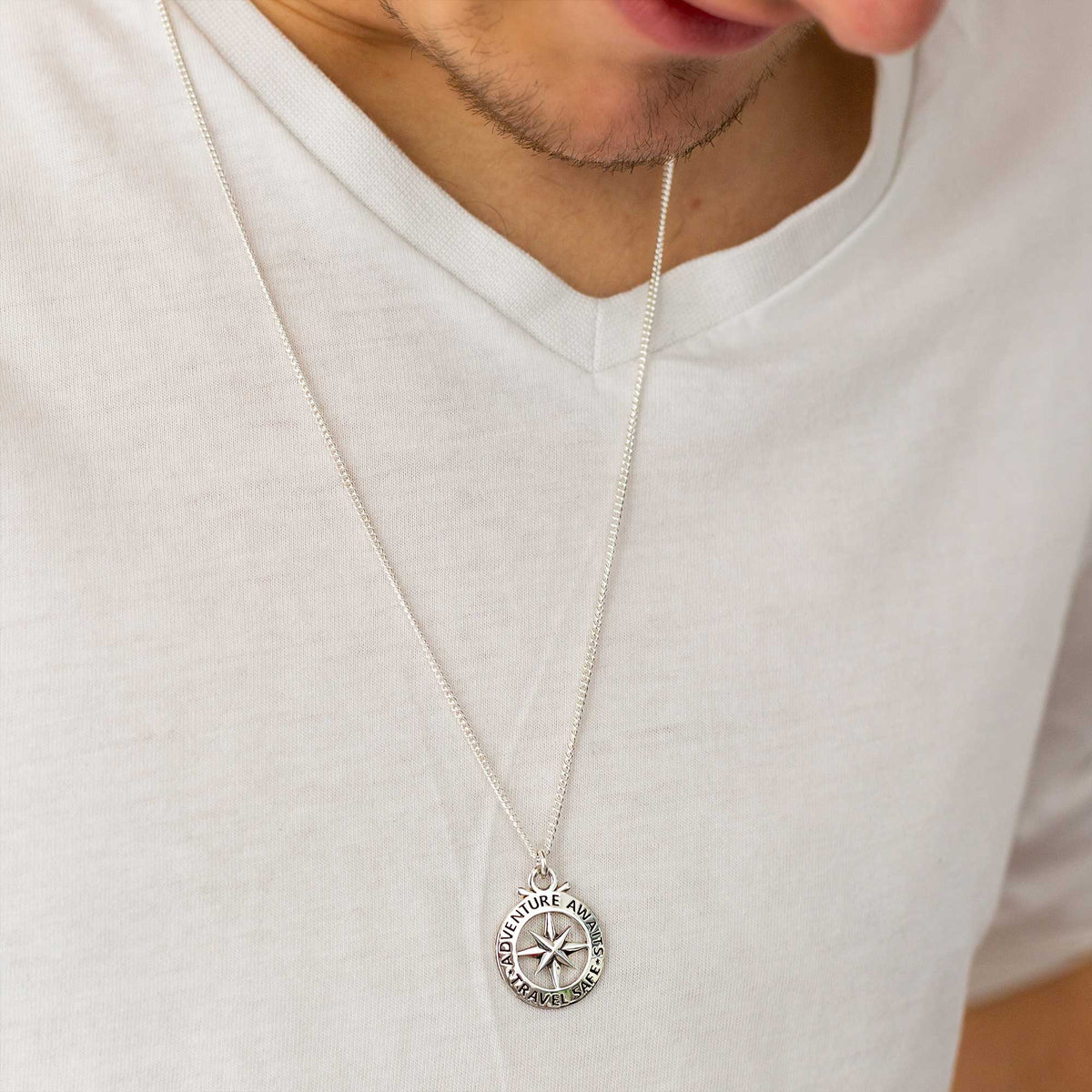 Travel Safe Outline Compass Large St Christopher Silver Necklace