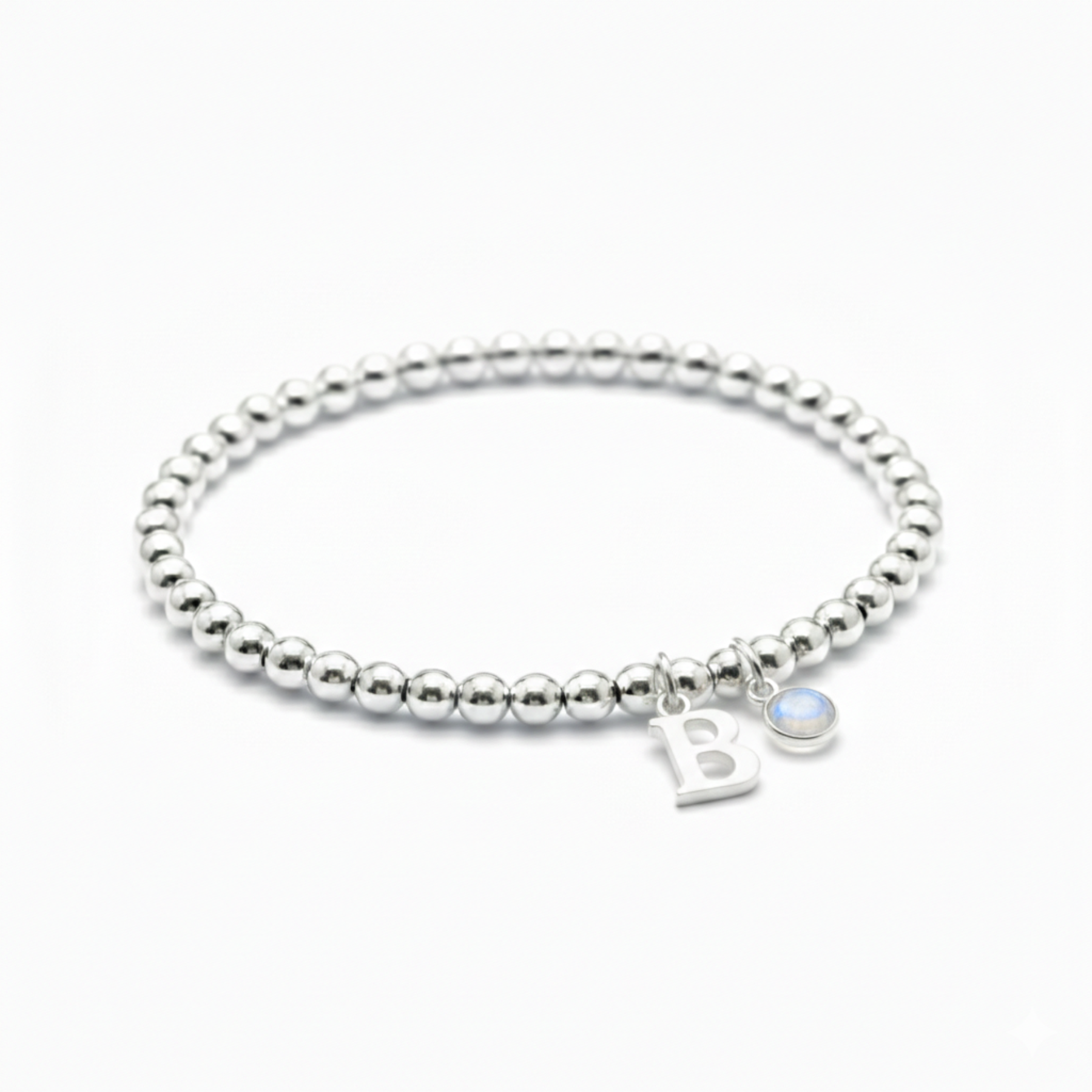 Personalised June Birthstone, Initial Letter & Moonstone Charm Bracelet