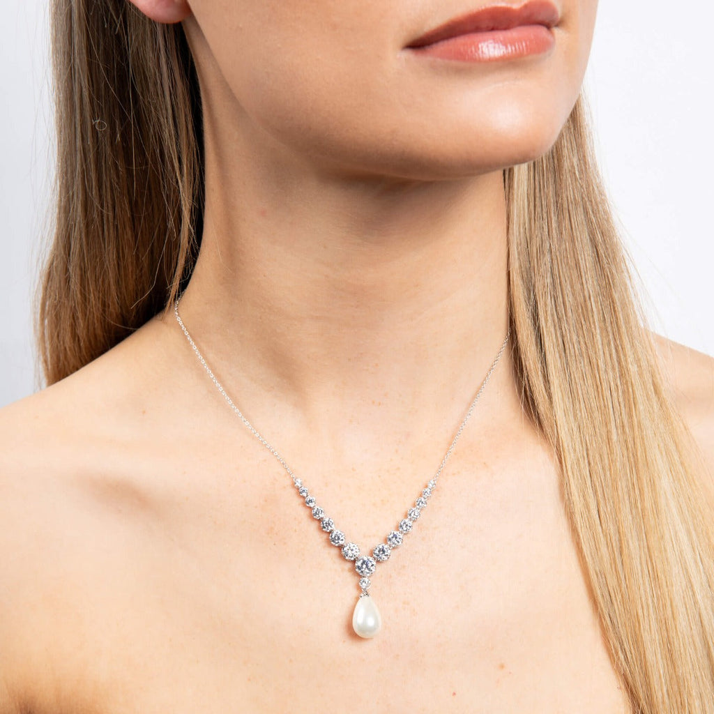 Diamonfire Statement Zirconia Lined Necklace with Shell Pearl Drop