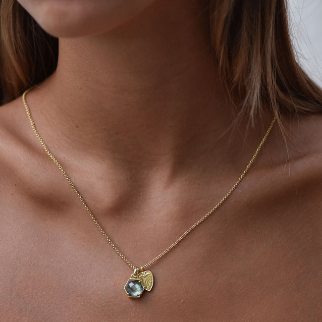 Thea Hexagon Gemstone and Palm Leaf Charm Necklace Peach Moonstone