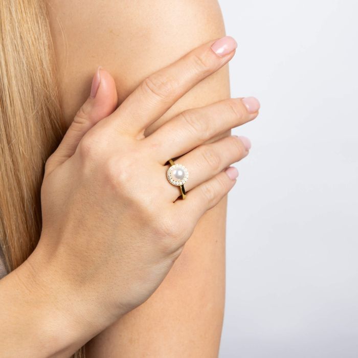 Diamonfire Shell Pearl and Zirconia Halo Ring