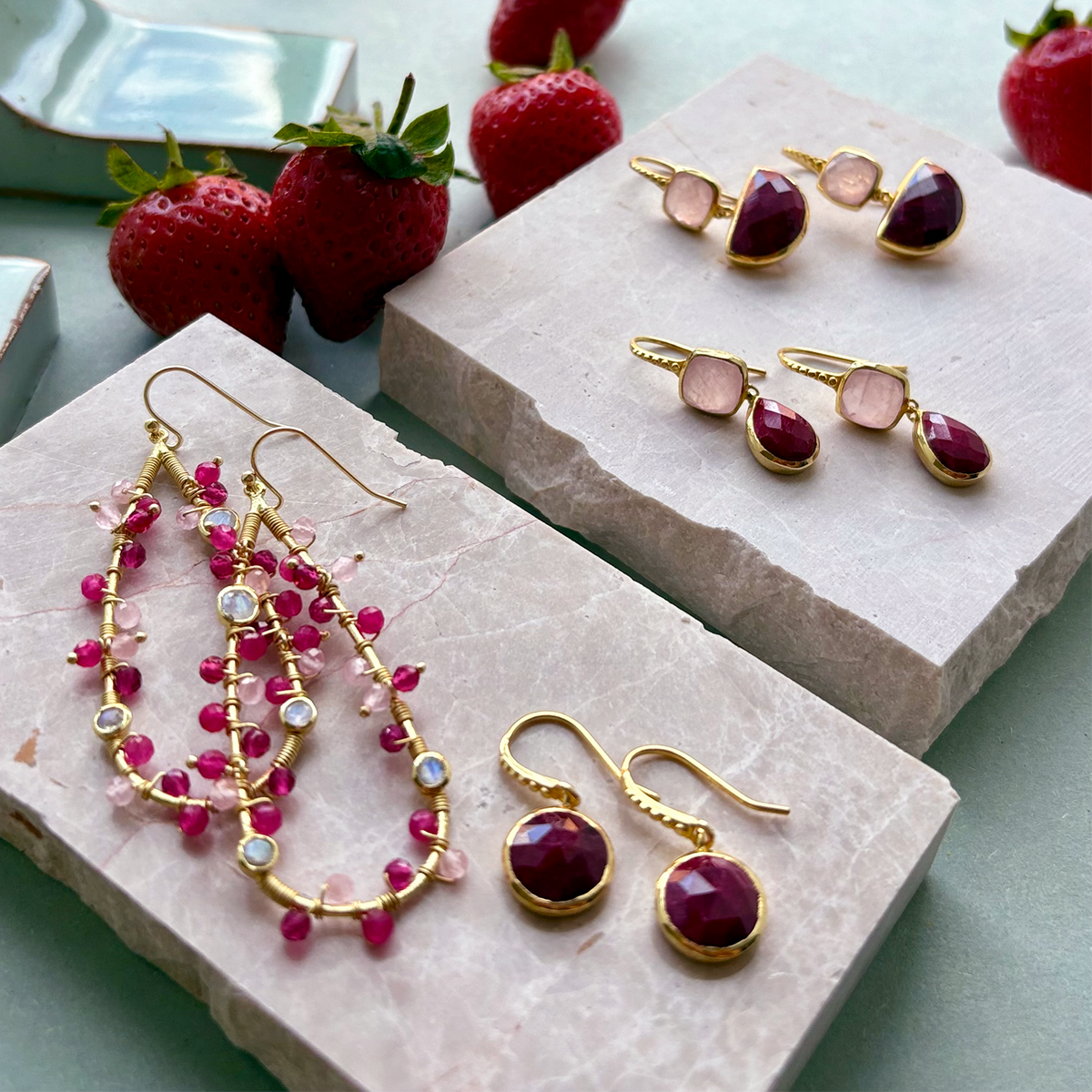 Charis Halfmoon Double Gemstone Earrings Rose Quart & Ruby