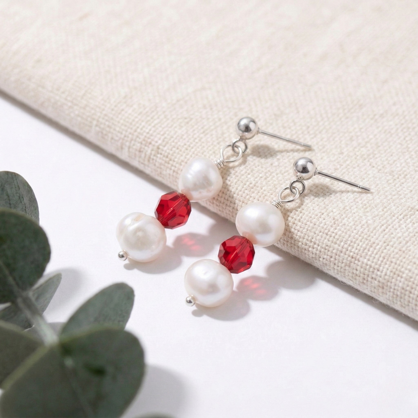 Freshwater Pearl and Scarlet Earrings