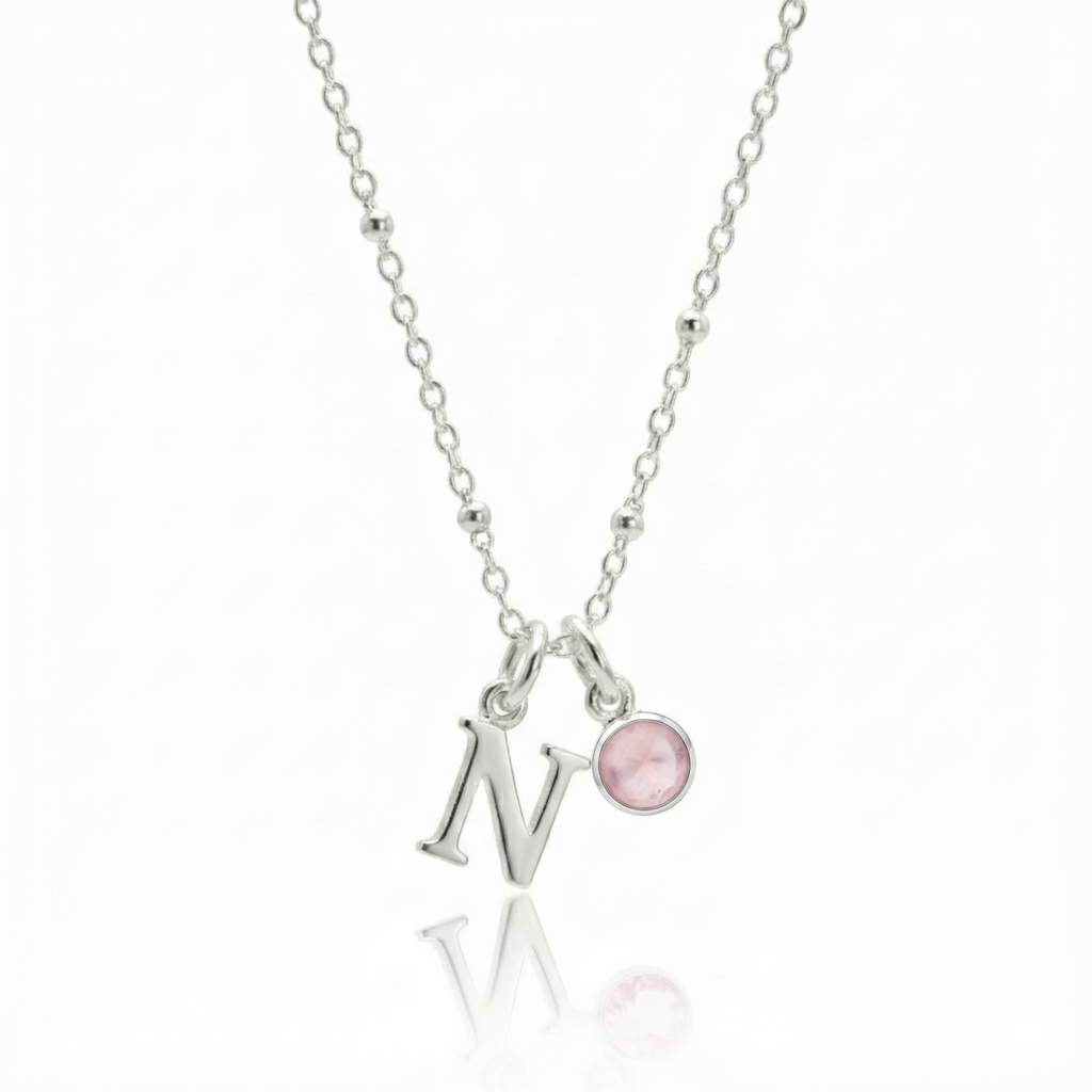 Collar inicial y de piedra de nacimiento de octubre | Regalo personalizado de cuarzo rosa