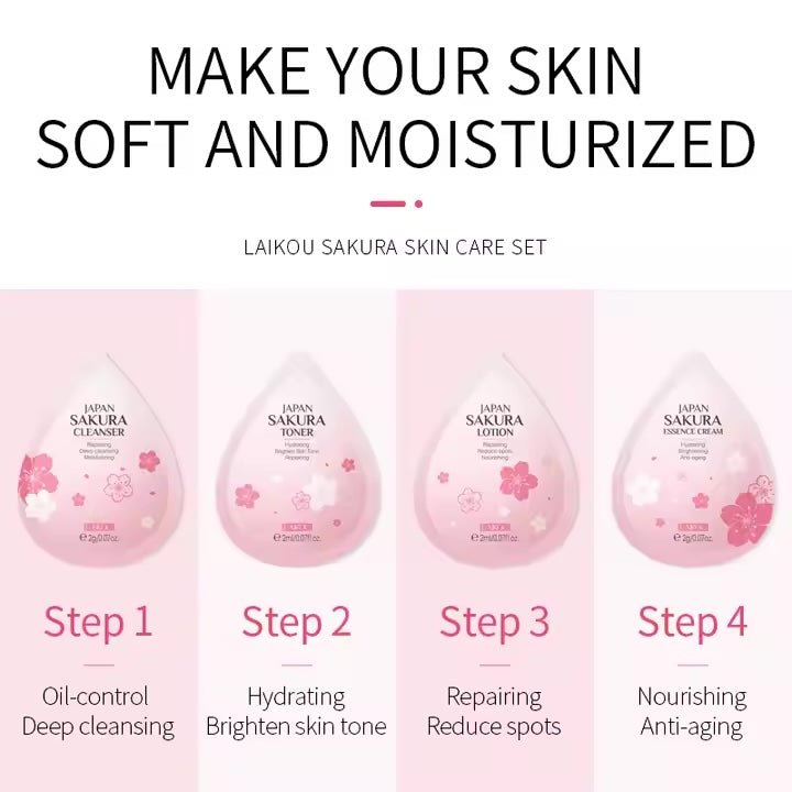 LAIKOU Sakura Skin Care Set 2g Deep Cleansing Cleanser Moisturizing Toner Repairing Lotion Anti-aging Face Cream Face Care 4 Pcs