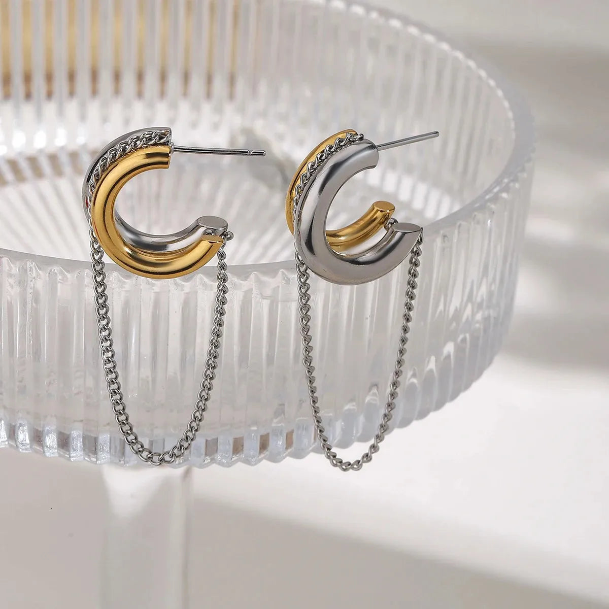Dual Tone Chain Hoop Earrings