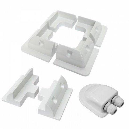 Solar panel mounting set with corner brackets, side brackets and a waterproof cable gland
