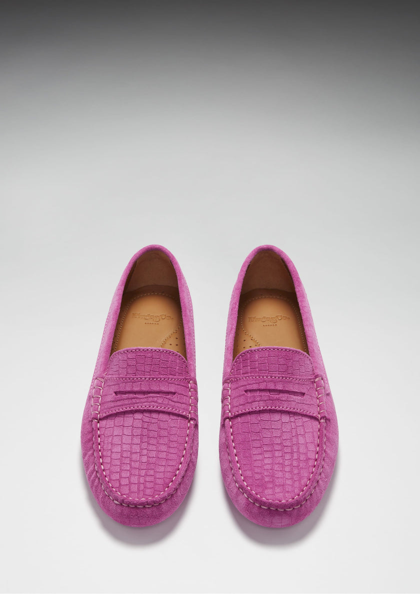 Women's Penny Driving Loafers, pink embossed suede