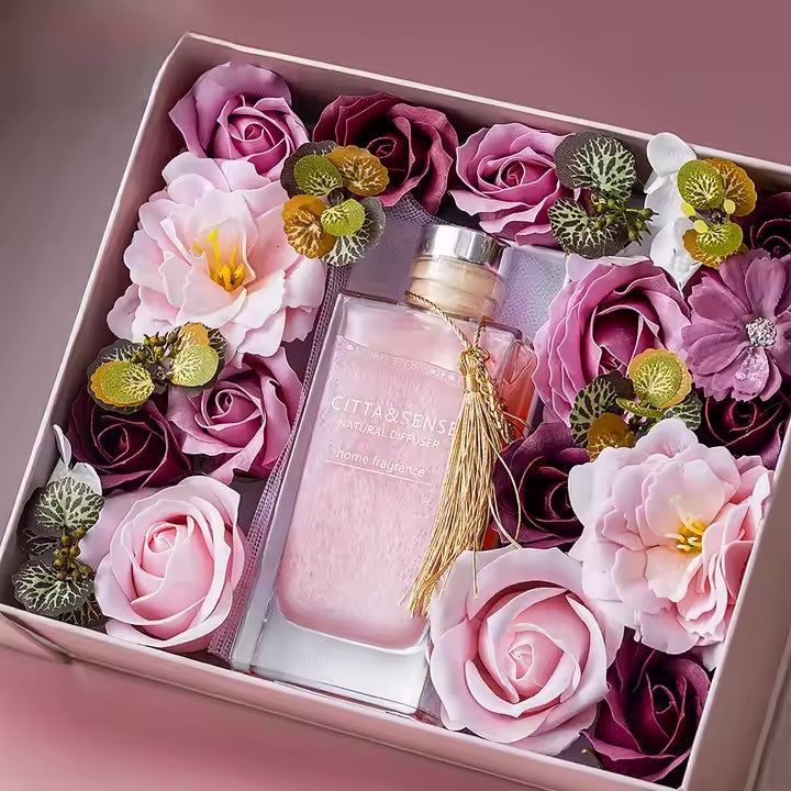 Frasco de vidrio de lujo con difusor de varillas para aceites esenciales aromáticos para el hogar, caja de regalo.